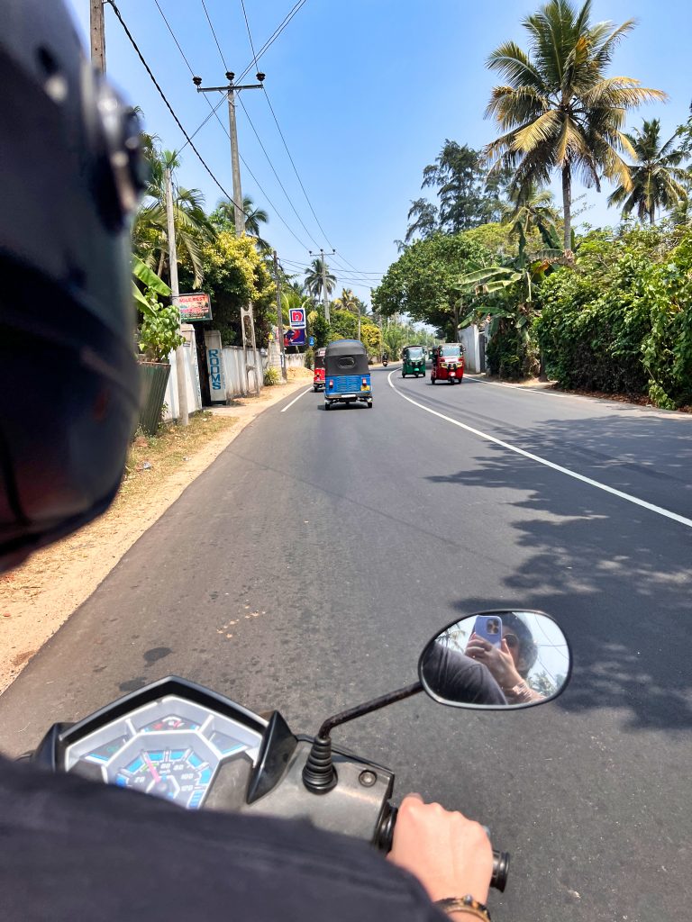 View from the back of a scooter in Sri Lanka, riding along a sunny road with tuk tuks and palm trees.