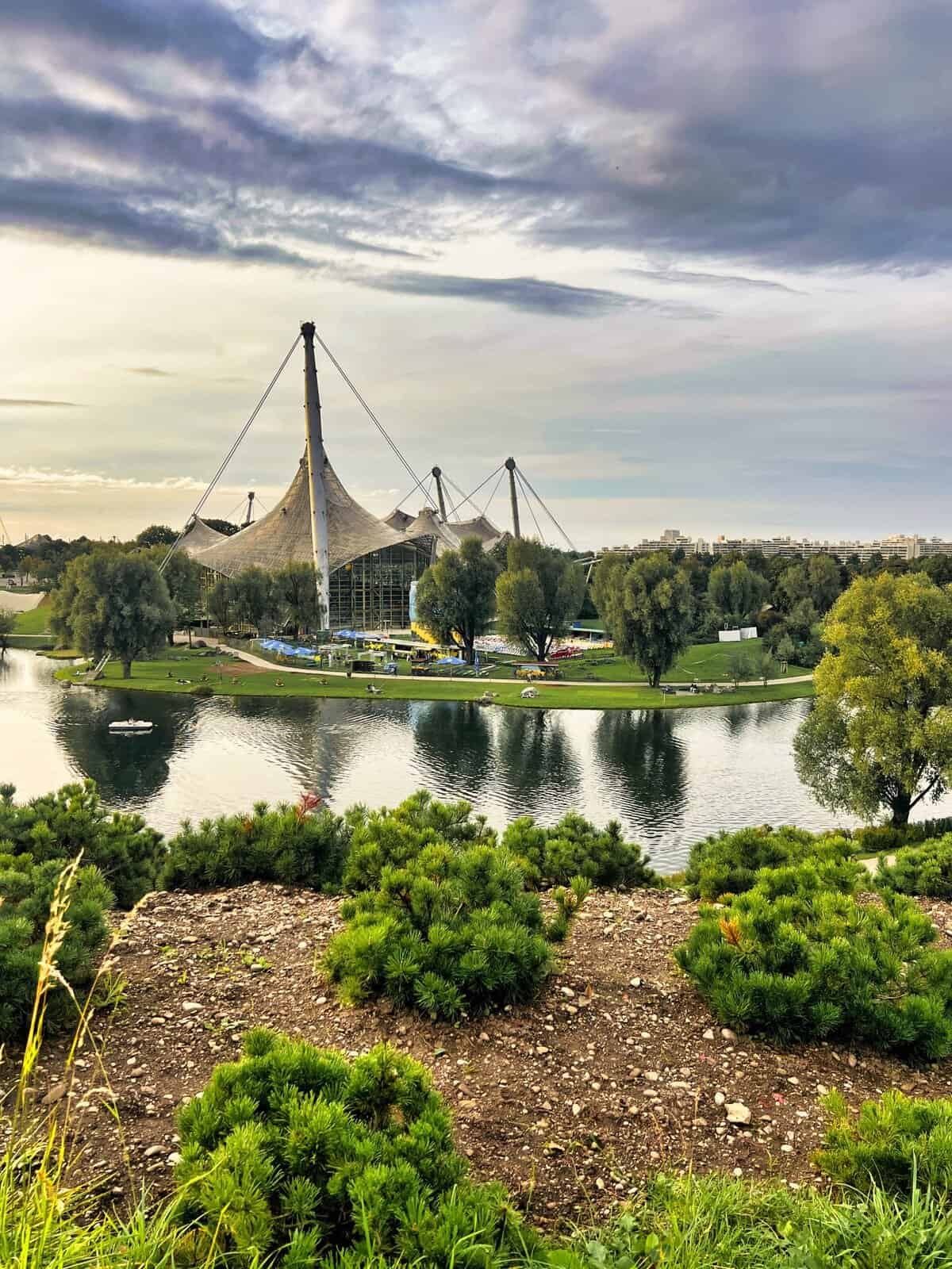 Panoramic view of Munich’s Olympiapark from the hill , overlooking the Olympic Stadium.