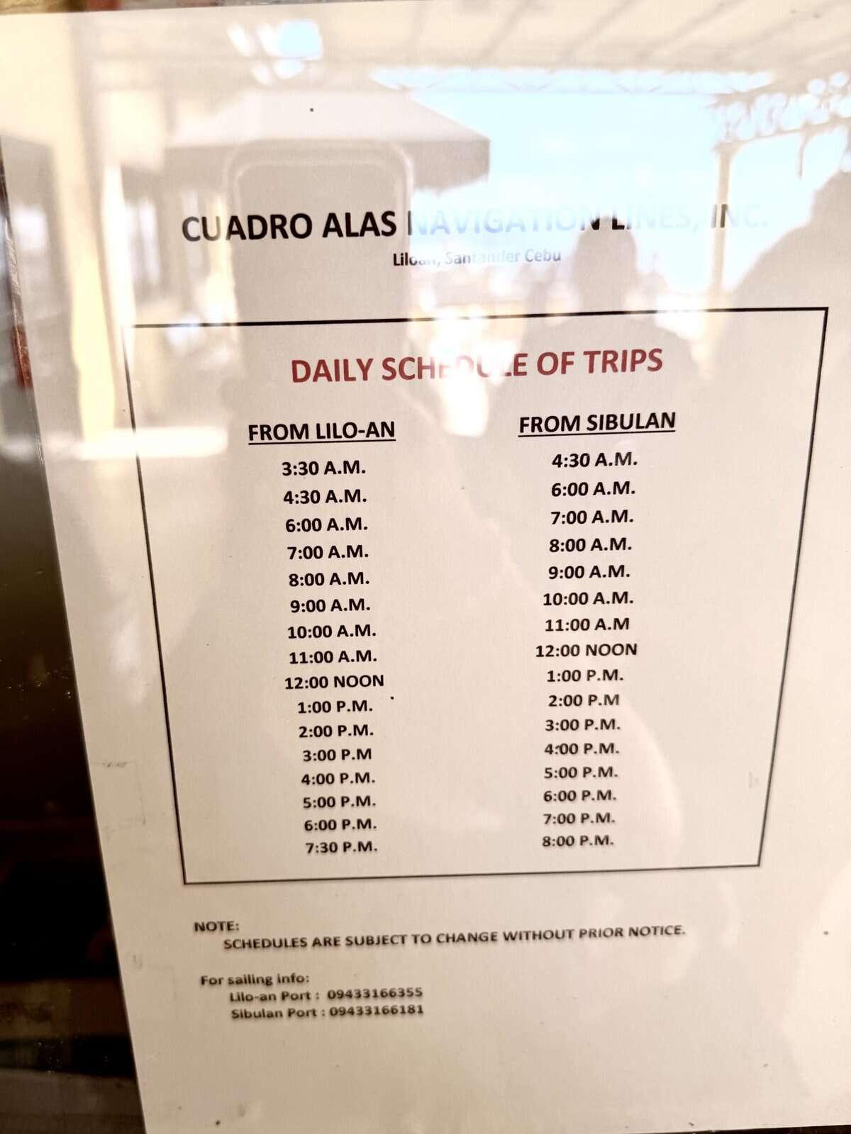 Picture of a ferry schedule in Liloan Fastcraft Port towards Sibulan Port, a gateway to reach Siquijor Island