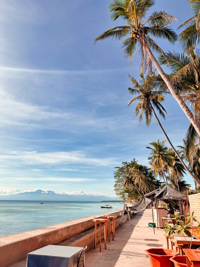 Oceanfront restaurant with tables facing the sea and palm trees along the shore. Dining by the water is common in San Juan, where many resorts and restaurants sit along the beach.