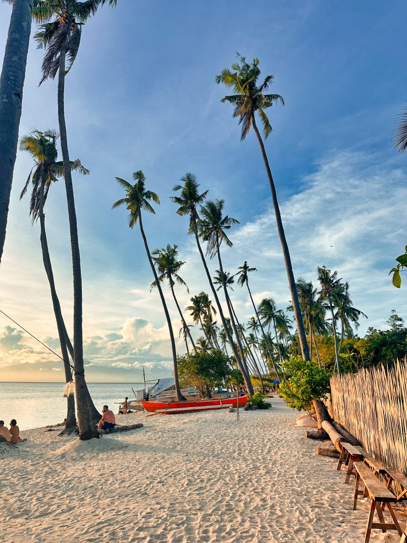 Sunset at Paliton Beach in Siquijor with palm trees and orange light reflecting on the calm water. This beach is just a short drive from San Juan, one of the most popular areas to stay on the island.