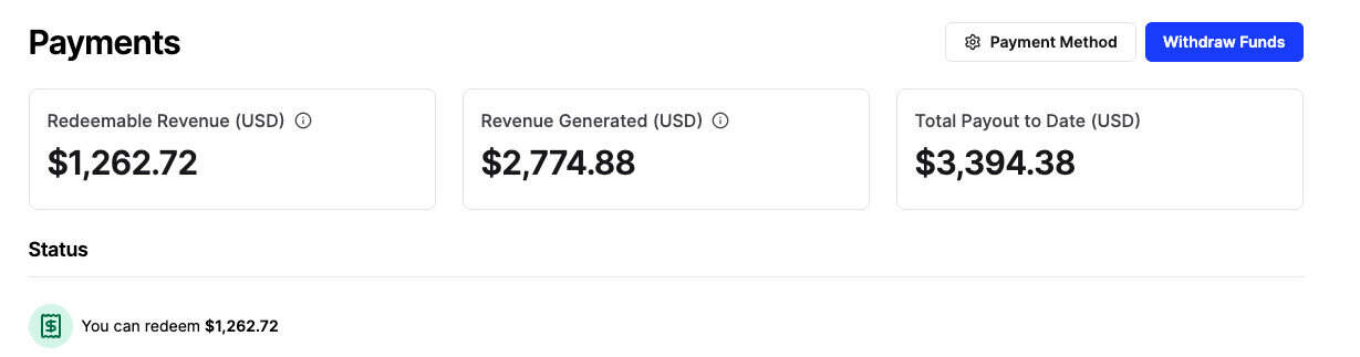 Stay22 dashboard showing Withdraw Funds button and monthly payout process for affiliate earnings
