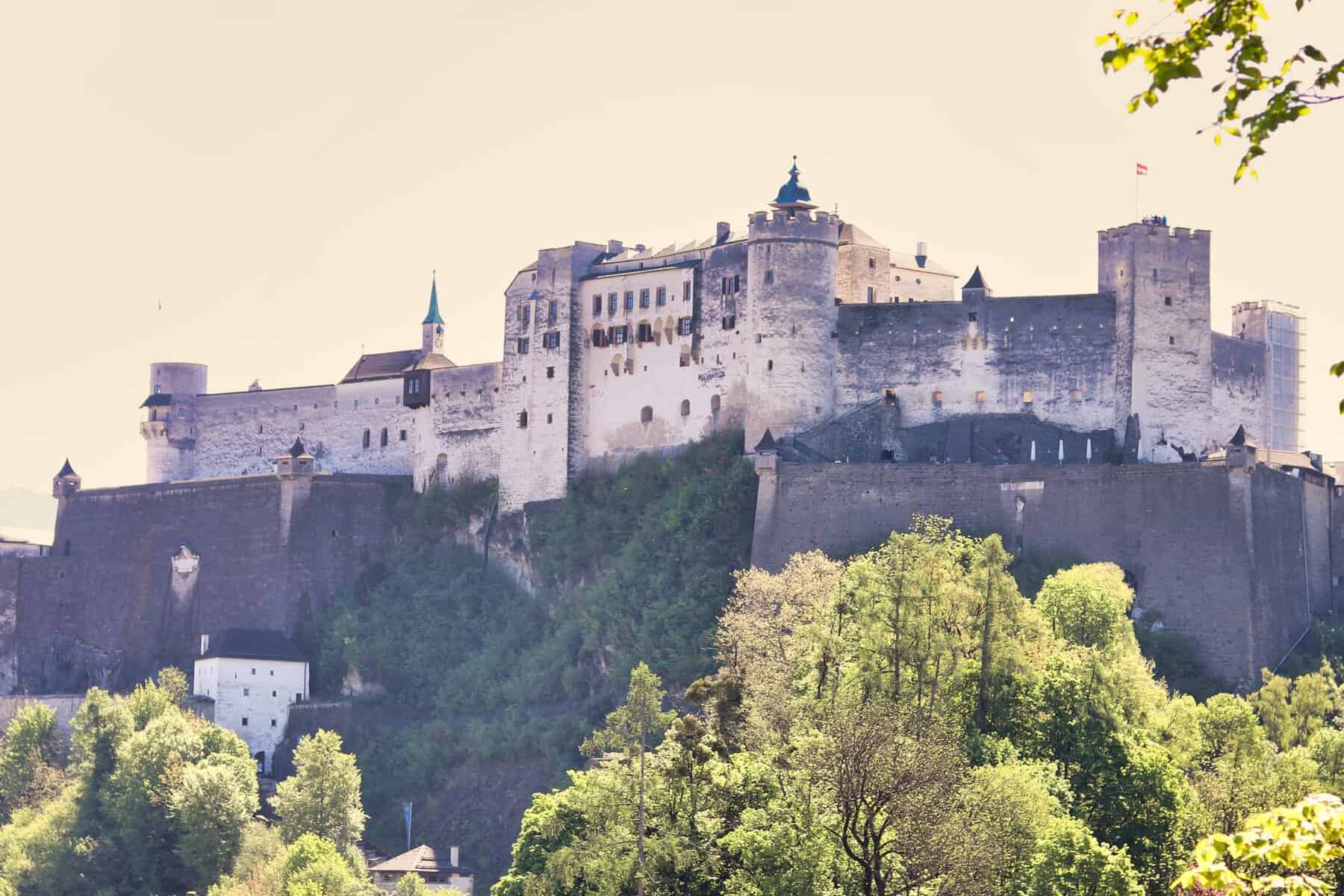 Hohensalzburg Fortress overlooking Salzburg, Austria, one of Europe's oldest medieval fortresses on a hill above the city