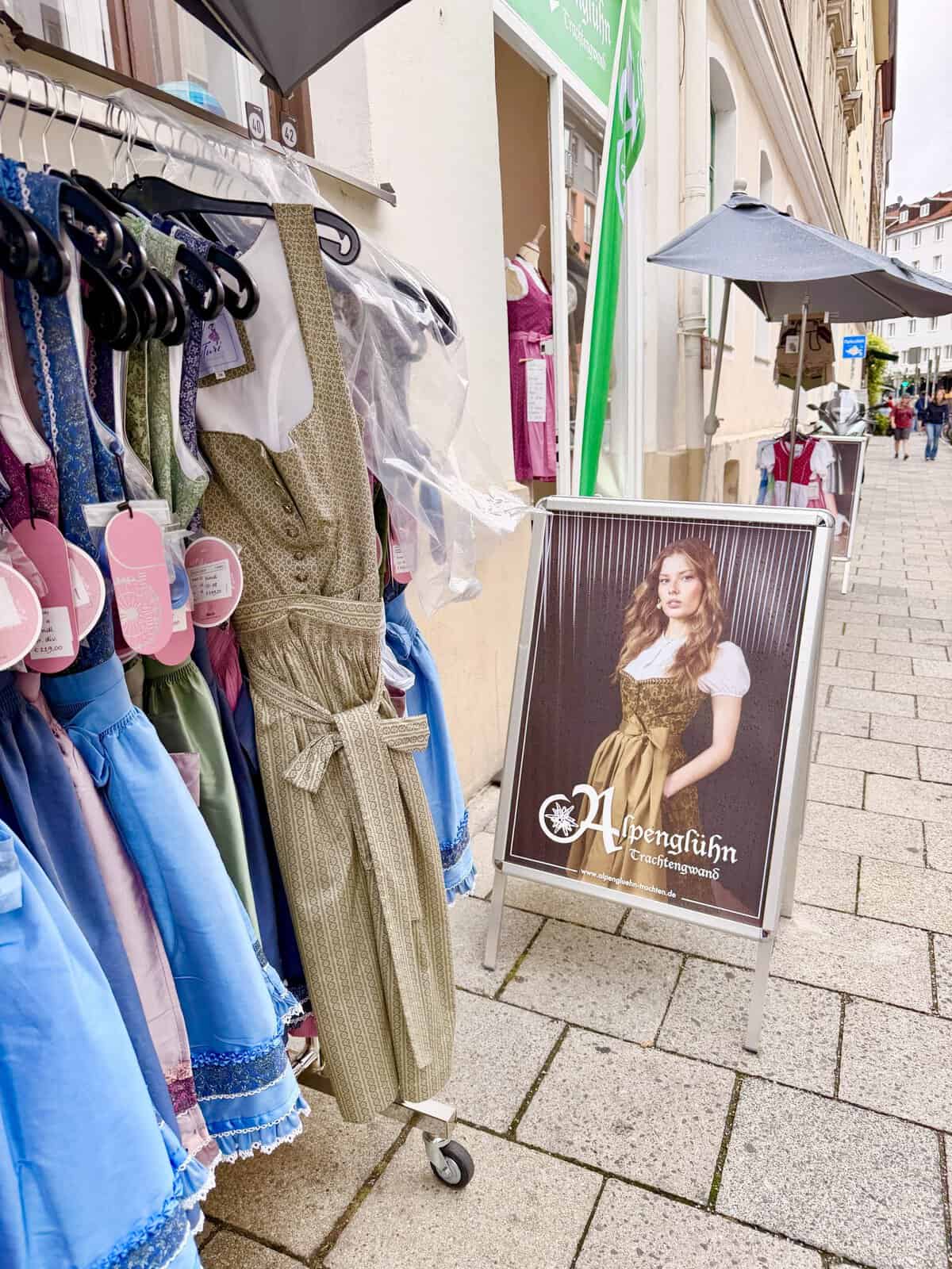 Munich shop displaying traditional dirndls for Oktoberfest