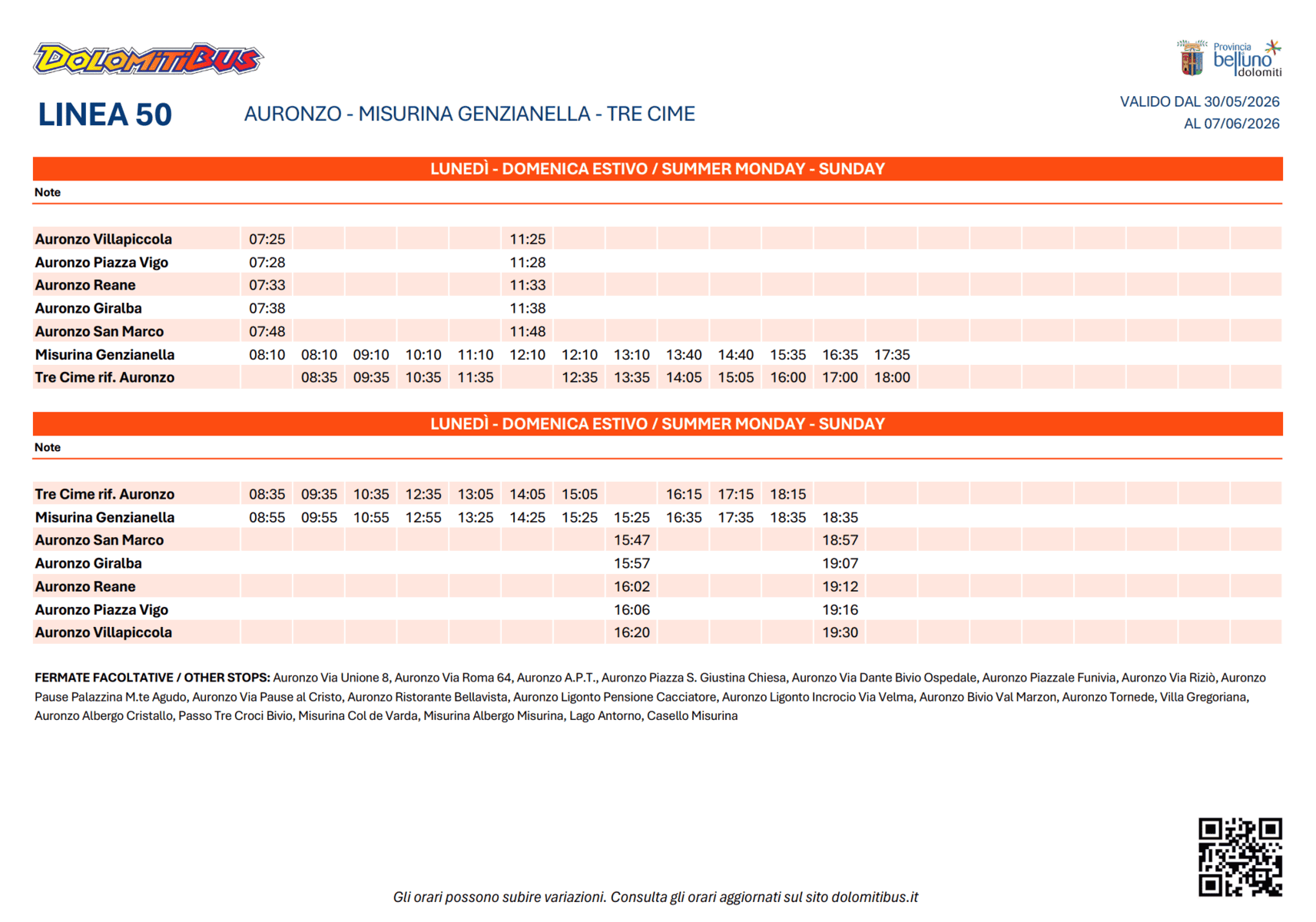 2026 summer timetable of Dolomitibus to Tre Cime di Lavaredo (Rif. Auronzo)